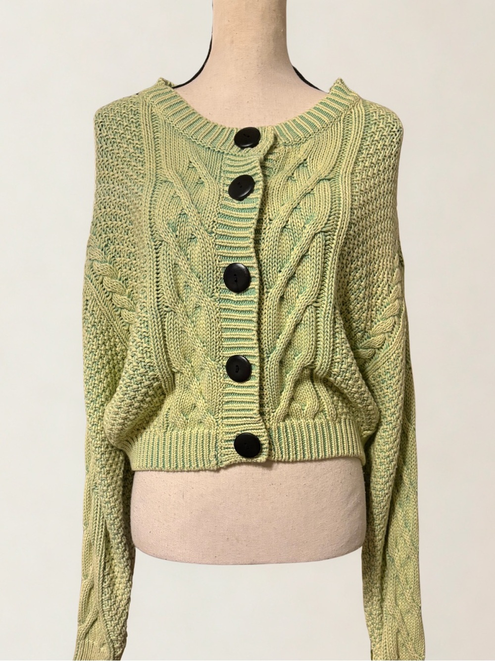 Light Green Cable Knit Cropped Cardigan with Black Buttons